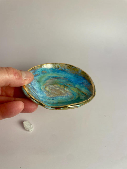 Small Galaxy Swirl Trinket Dish — Crystal Charging and Altar Bowl in Icy Lavender Blue and Emerald Glaze