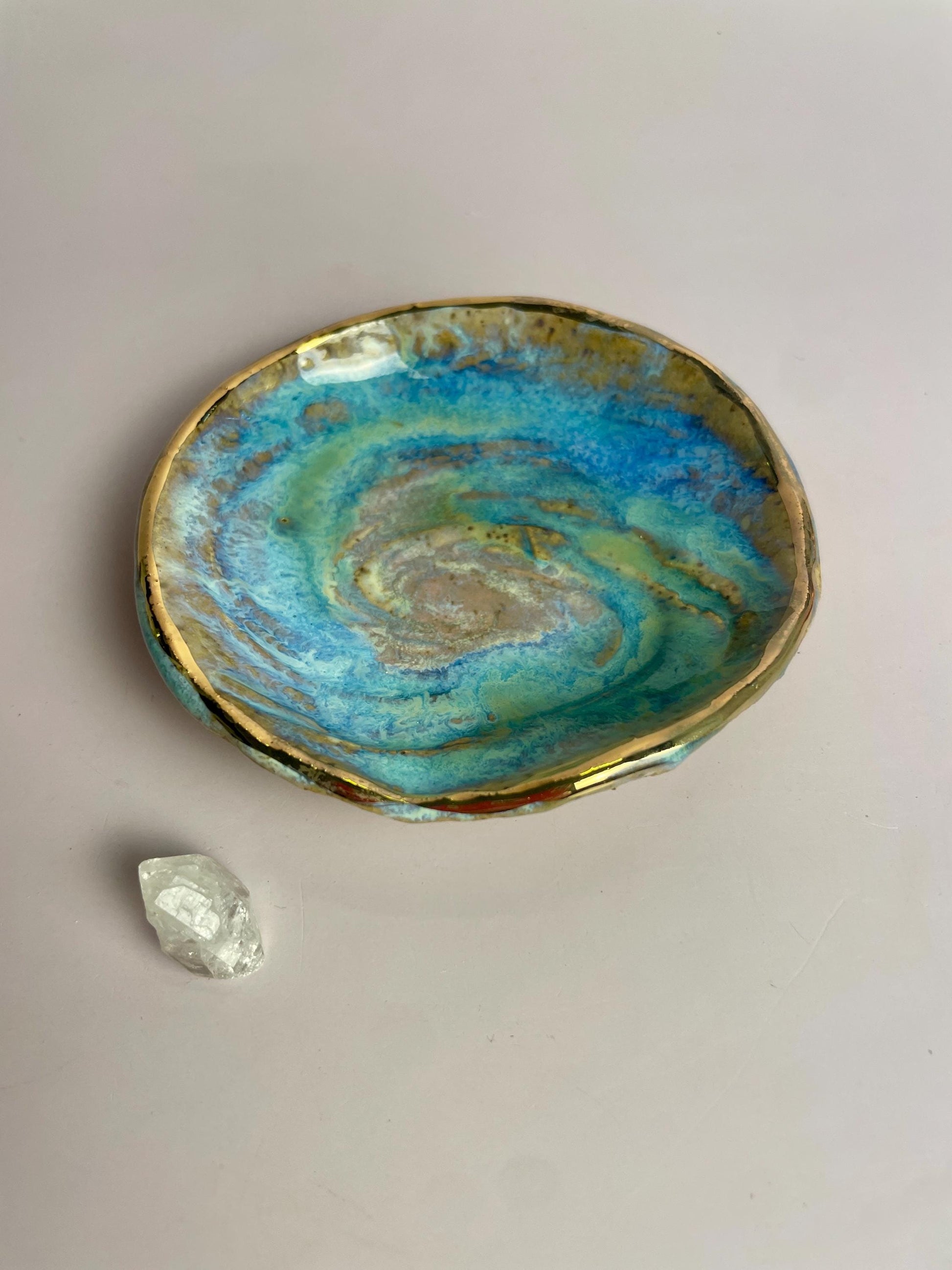Small Galaxy Swirl Trinket Dish — Crystal Charging and Altar Bowl in Icy Lavender Blue and Emerald Glaze