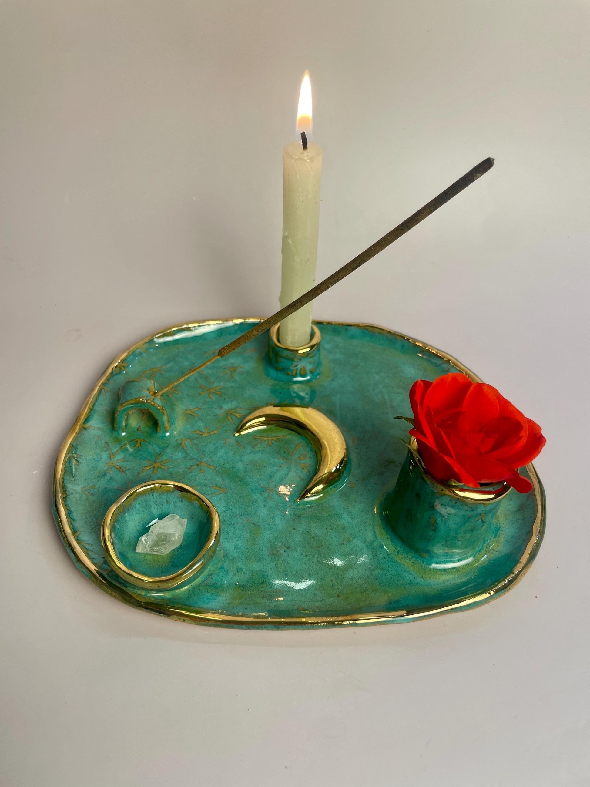 Four-Element Ritual Dish with Gold Moon — Flower of Life Design