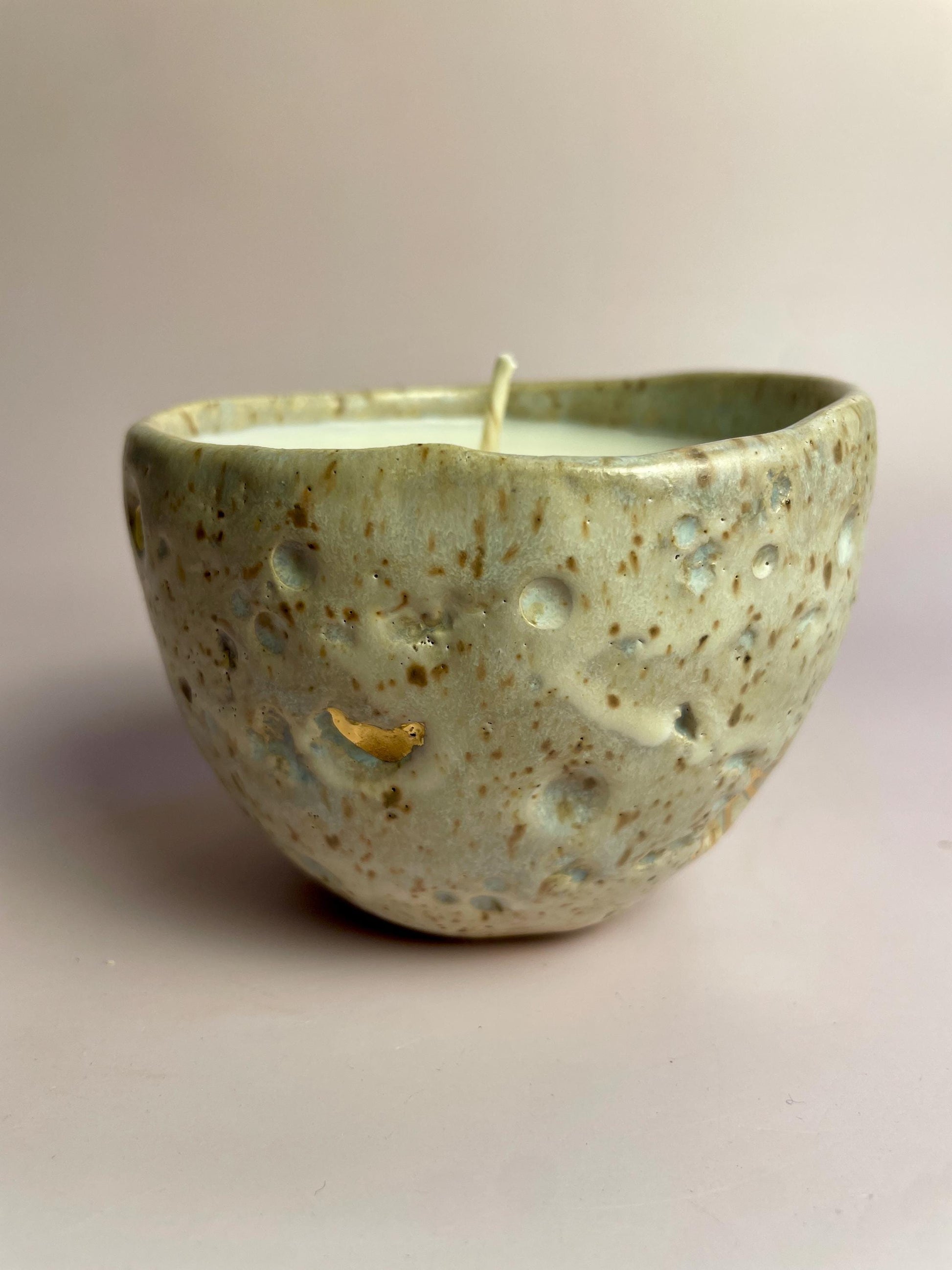 Moon-Inspired Ceramic Candle – Honey Clay Vessel with Gold Crater Details | Fragrance-Free Apricot Wax