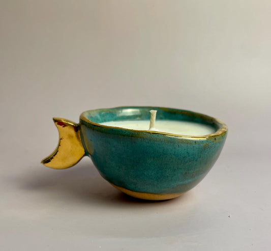 Turquoise Moon Vessel – Hand-Pinched Cup with Gold Luster Crescent Handle | Candle or Altar Cup