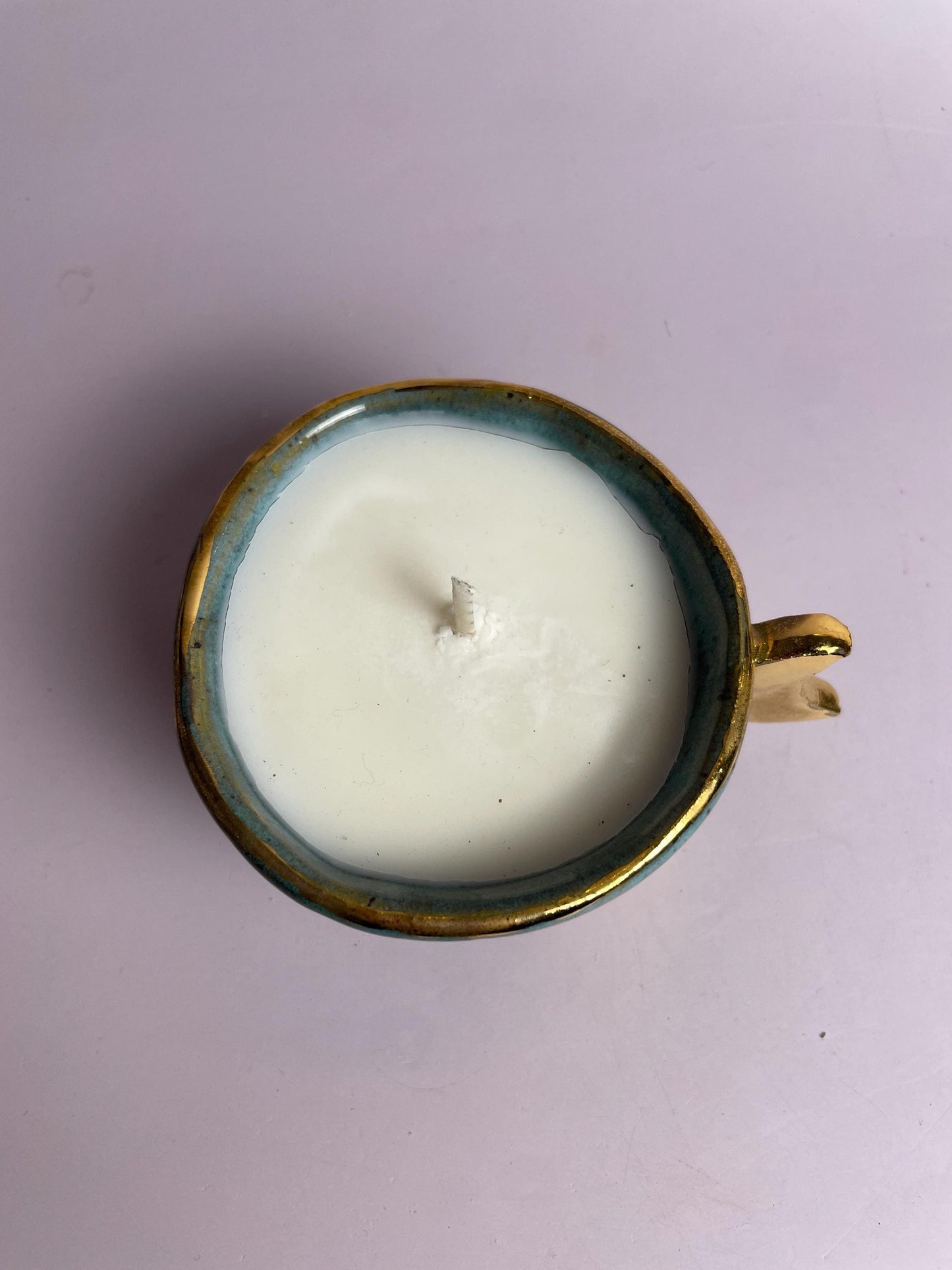 Turquoise Moon Vessel – Hand-Pinched Cup with Gold Luster Crescent Handle | Candle or Altar Cup