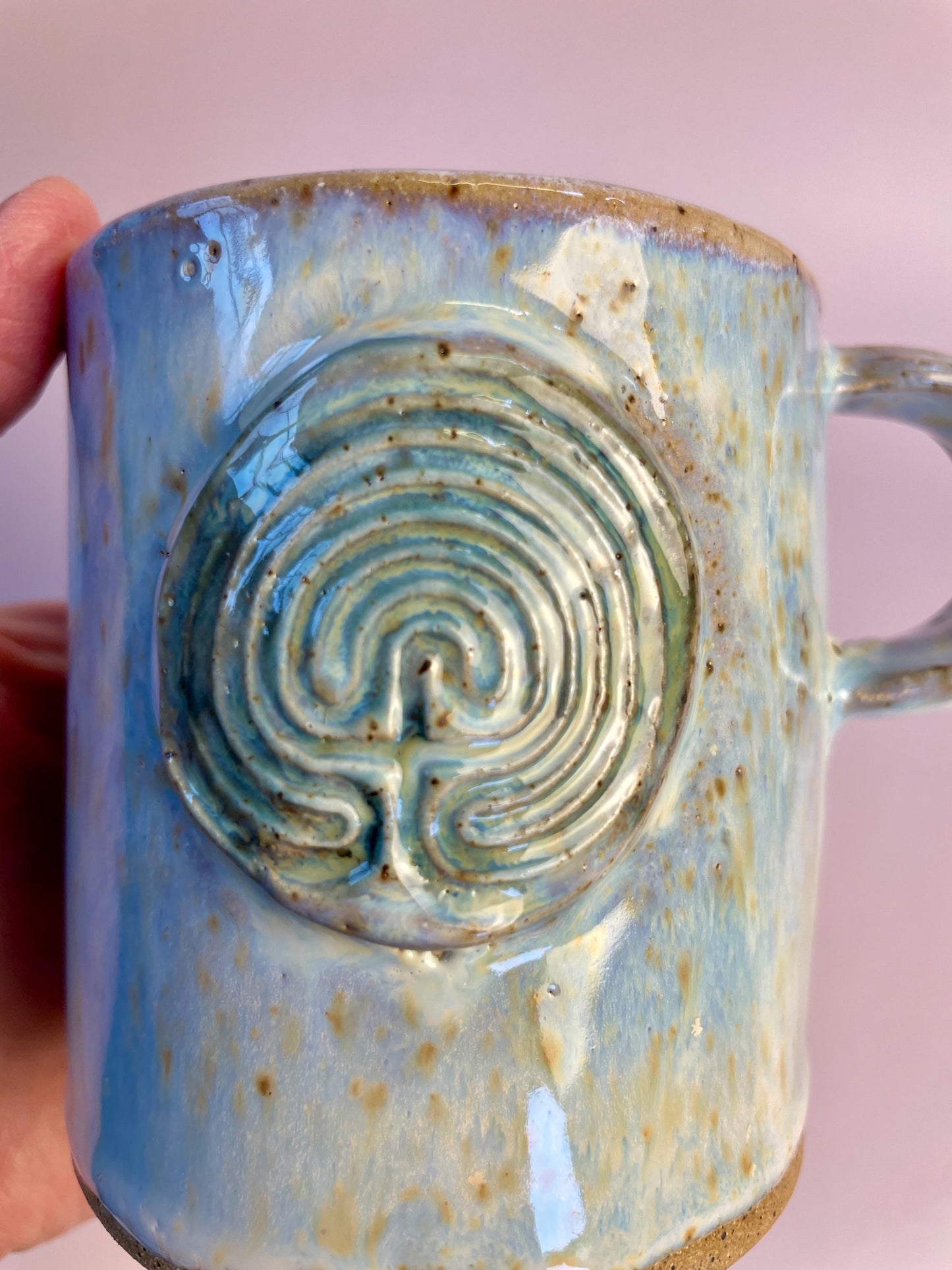 Cretan Labyrinth Mug with Gold Crescent Moon – Hand-Built Ceramic Cup | Honey Clay Mug with Blue-Purple Glaze | Mythic Ritual Pottery