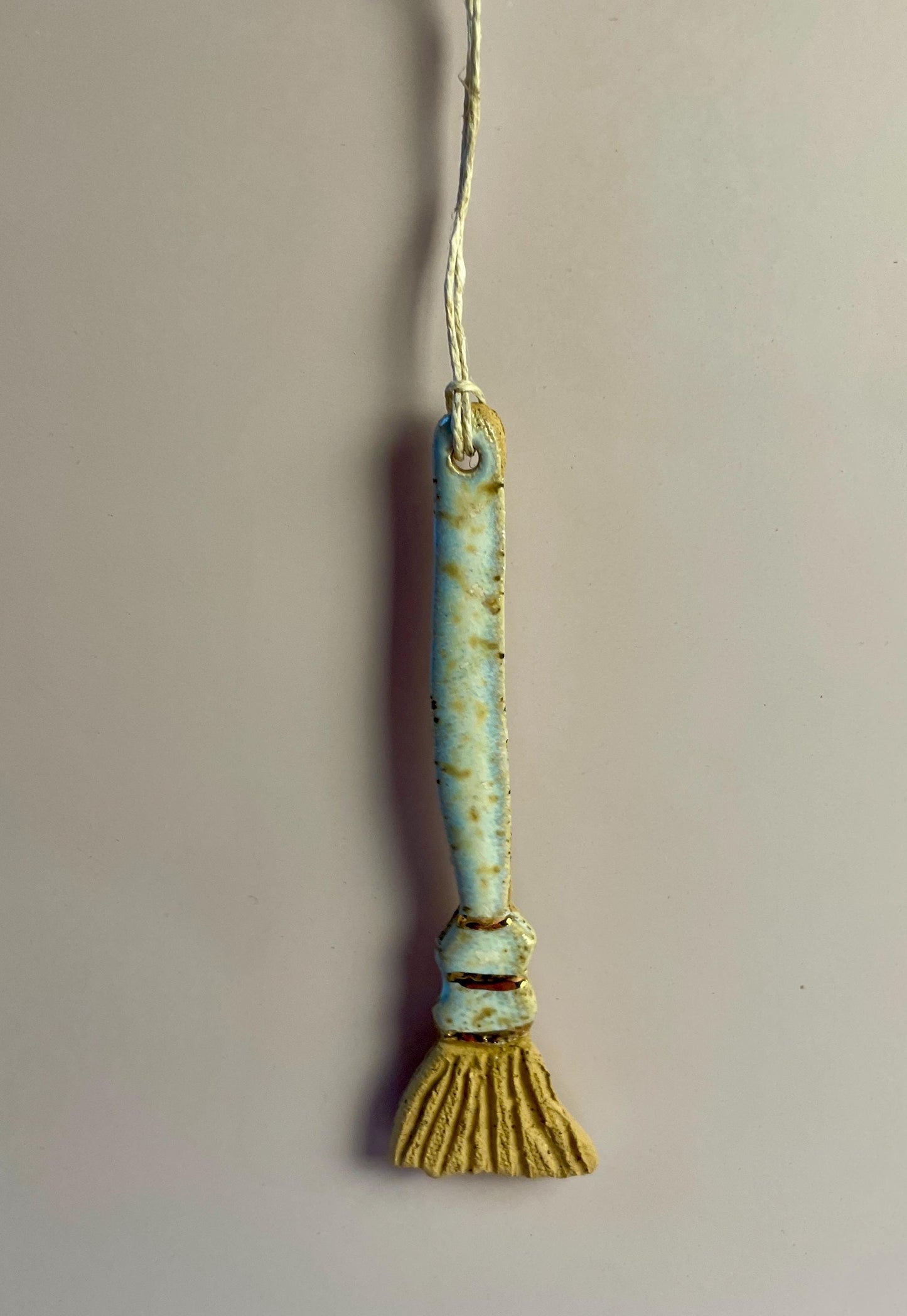 Ceramic Broom Ornament – Handcrafted Honey Clay Besom with Gold Luster | Light Blue & Opal Glaze | Hearth and Home Protection Charm