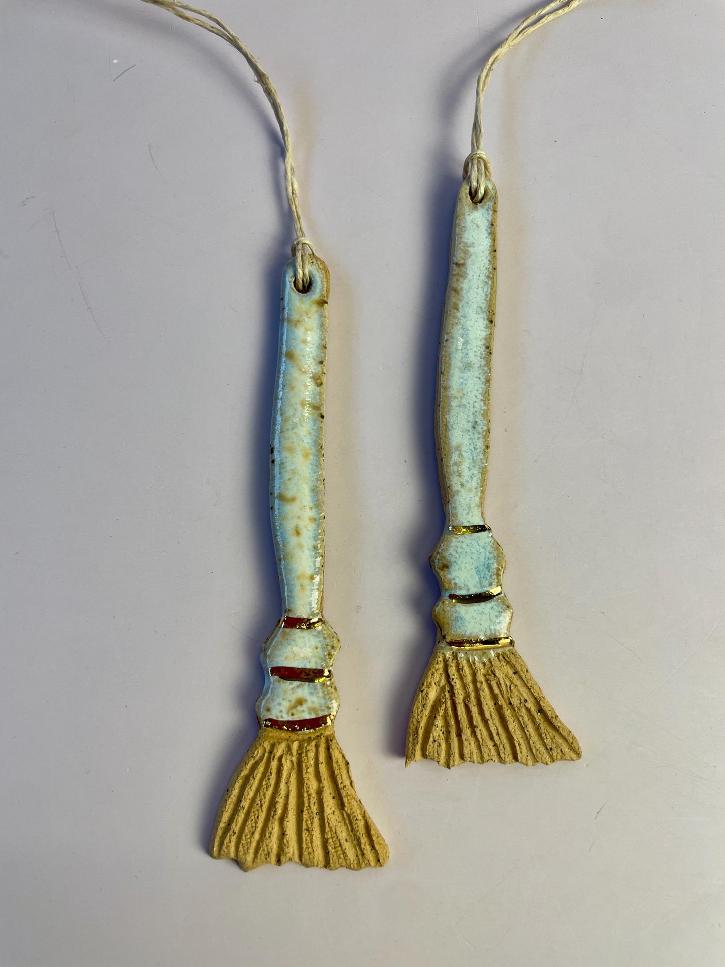 Ceramic Broom Ornament – Handcrafted Honey Clay Besom with Gold Luster | Light Blue & Opal Glaze | Hearth and Home Protection Charm