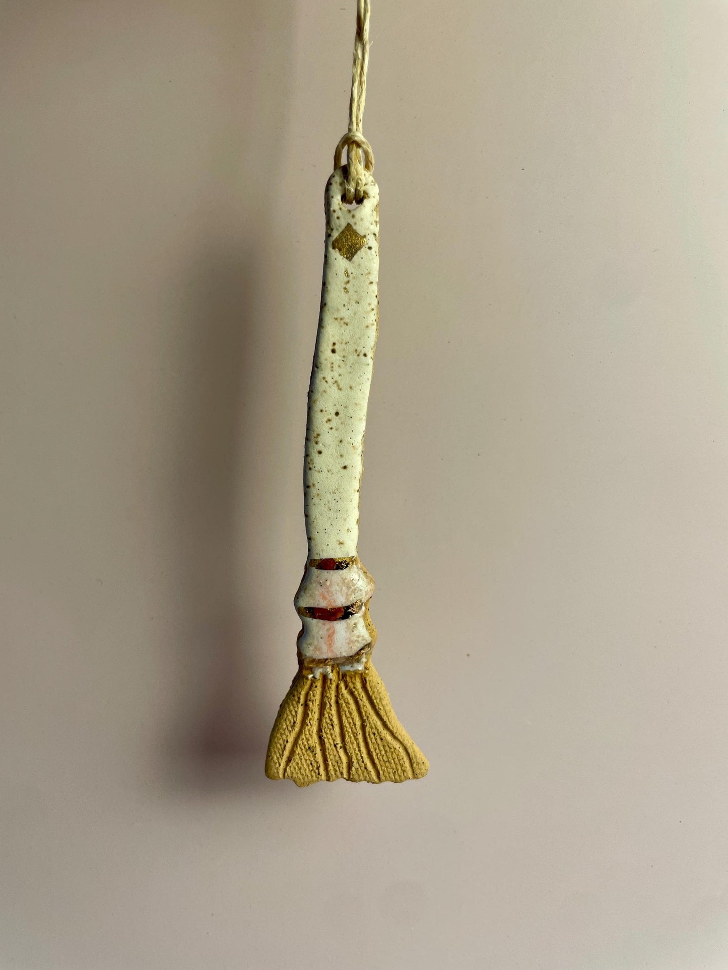 Ceramic Broom Ornament – White & Ice Pink Glaze with Gold Luster | Handcrafted Honey Clay Besom | Hearth and Home Cleansing Charm