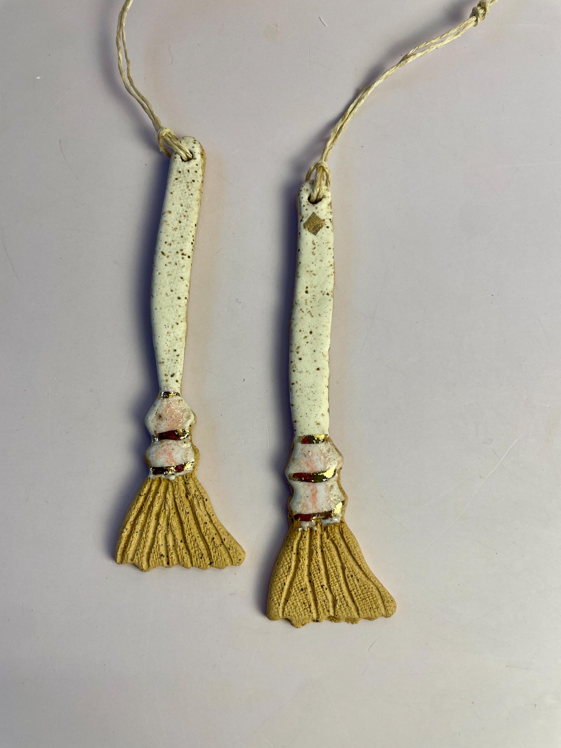 Ceramic Broom Ornament – White & Ice Pink Glaze with Gold Luster | Handcrafted Honey Clay Besom | Hearth and Home Cleansing Charm