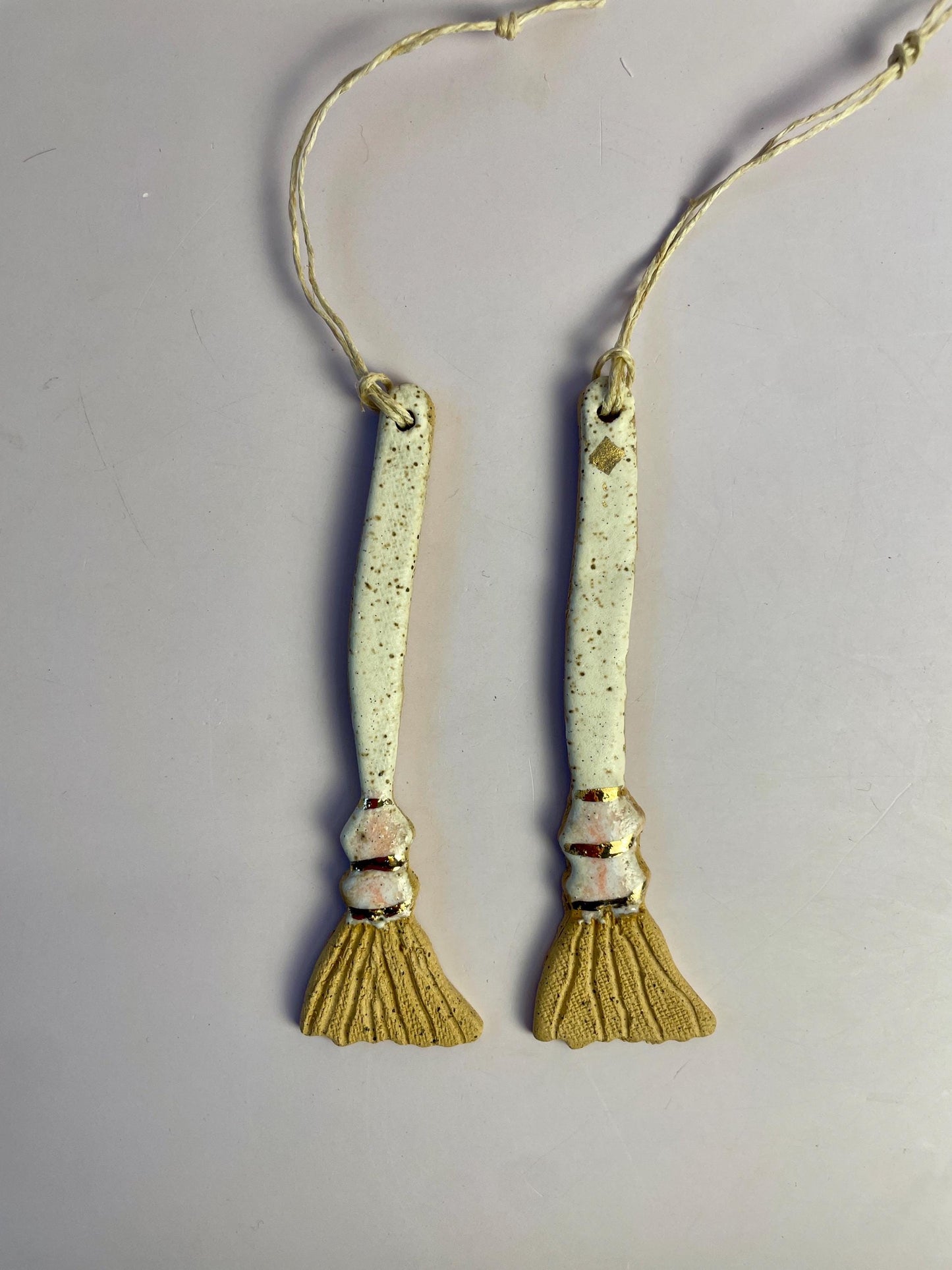 Ceramic Broom Ornament – White & Ice Pink Glaze with Gold Luster | Handcrafted Honey Clay Besom | Hearth and Home Cleansing Charm