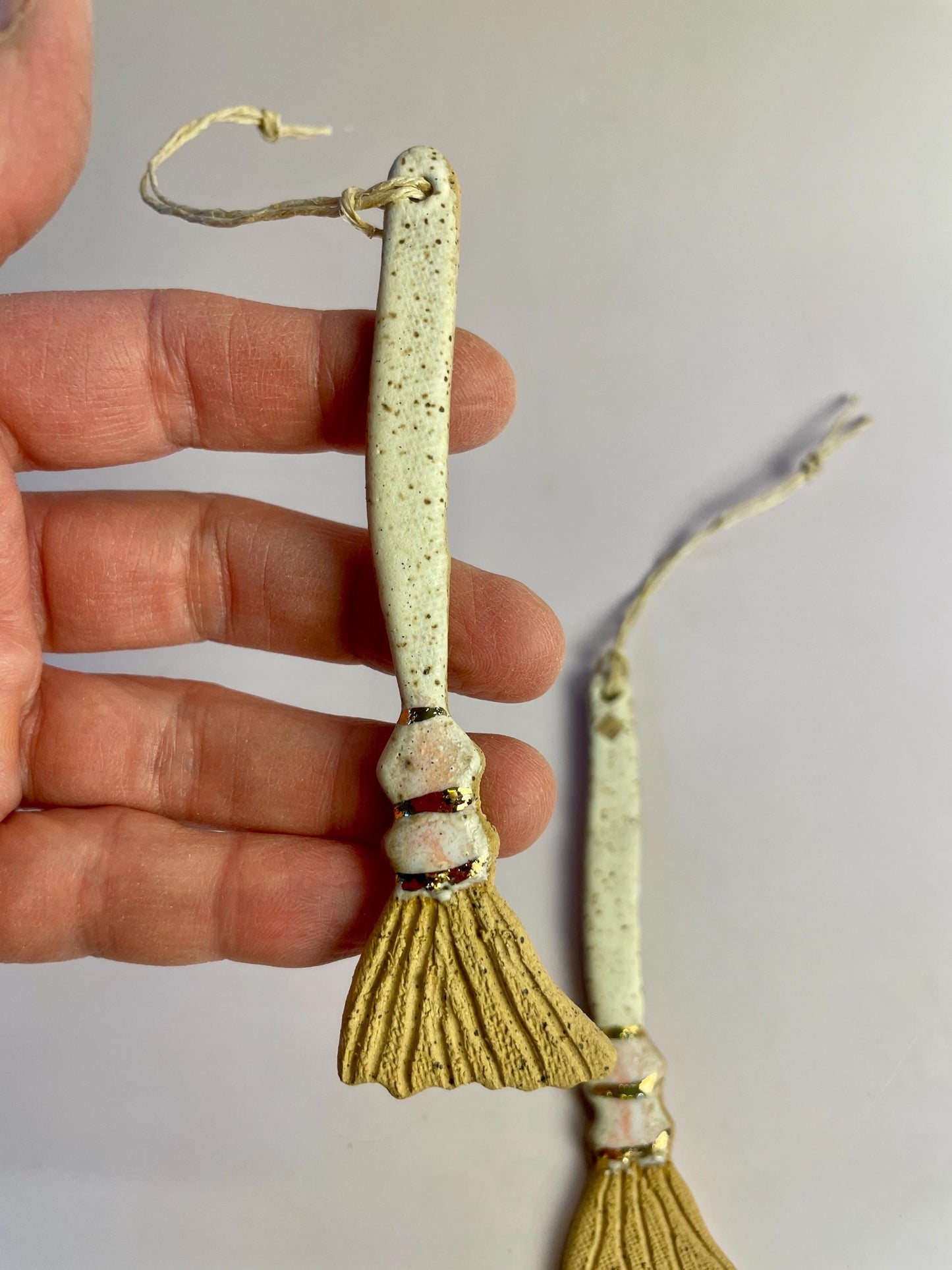 Ceramic Broom Ornament – White & Ice Pink Glaze with Gold Luster | Handcrafted Honey Clay Besom | Hearth and Home Cleansing Charm