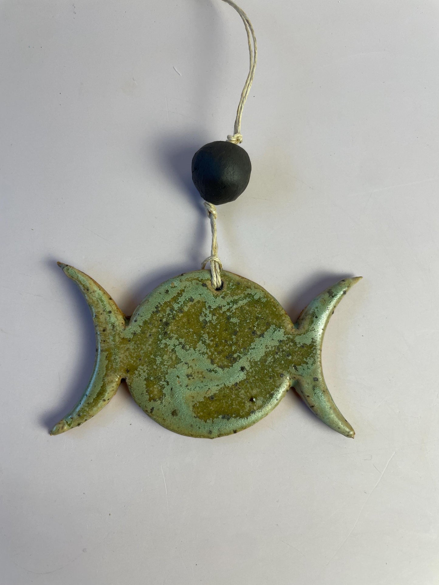 Triple Goddess Ornament – Matte Green with Dark Chocolate Clay Bead | Handcrafted Moon Symbol Wall Hanging | Earth Goddess Decor