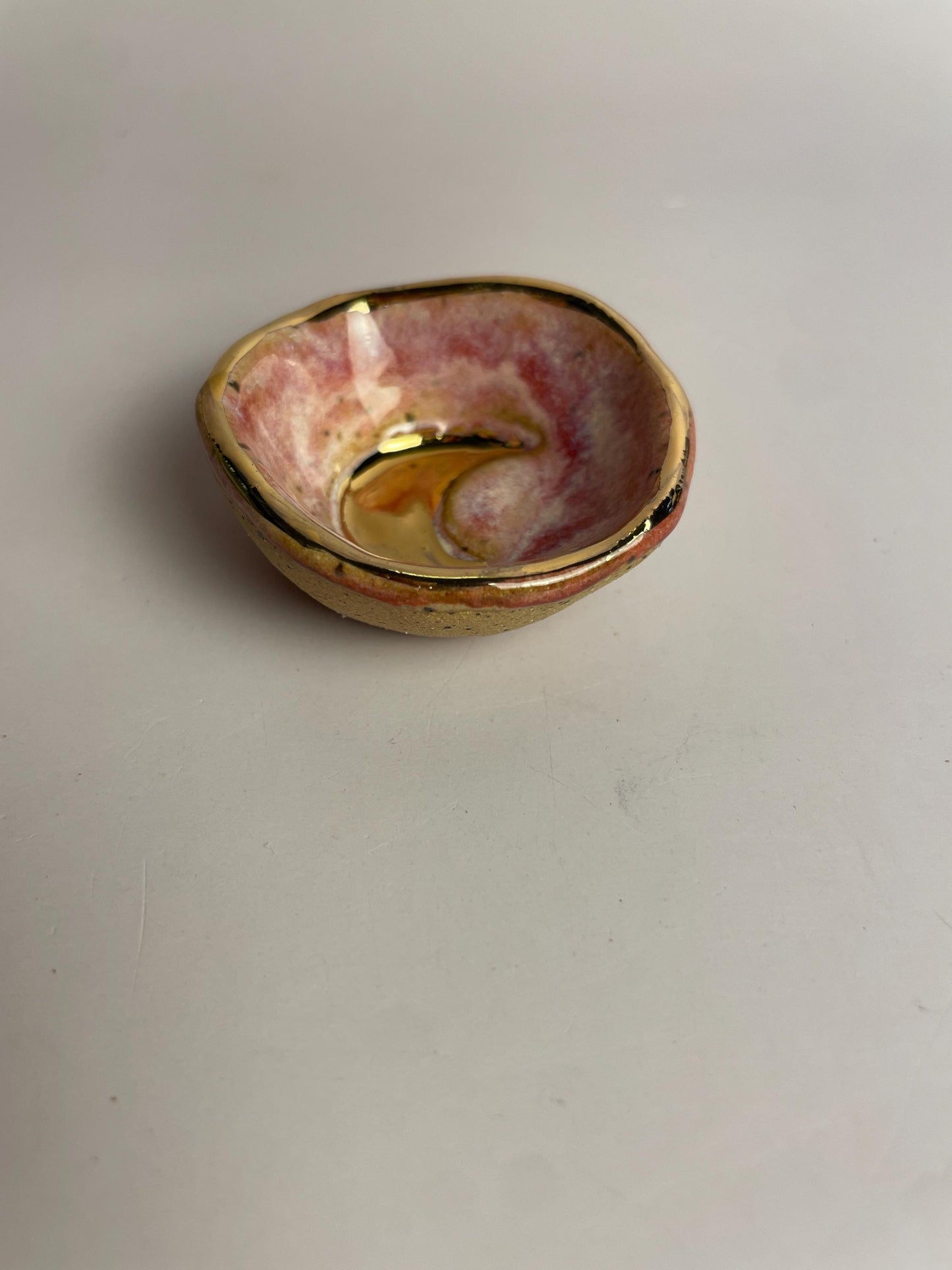 Tiny Gold Crescent Moon Dish – Hand-Formed Ceramic Bowl in Pink Glaze with Gold Luster Rim | Mini Altar or Jewelry Dish
