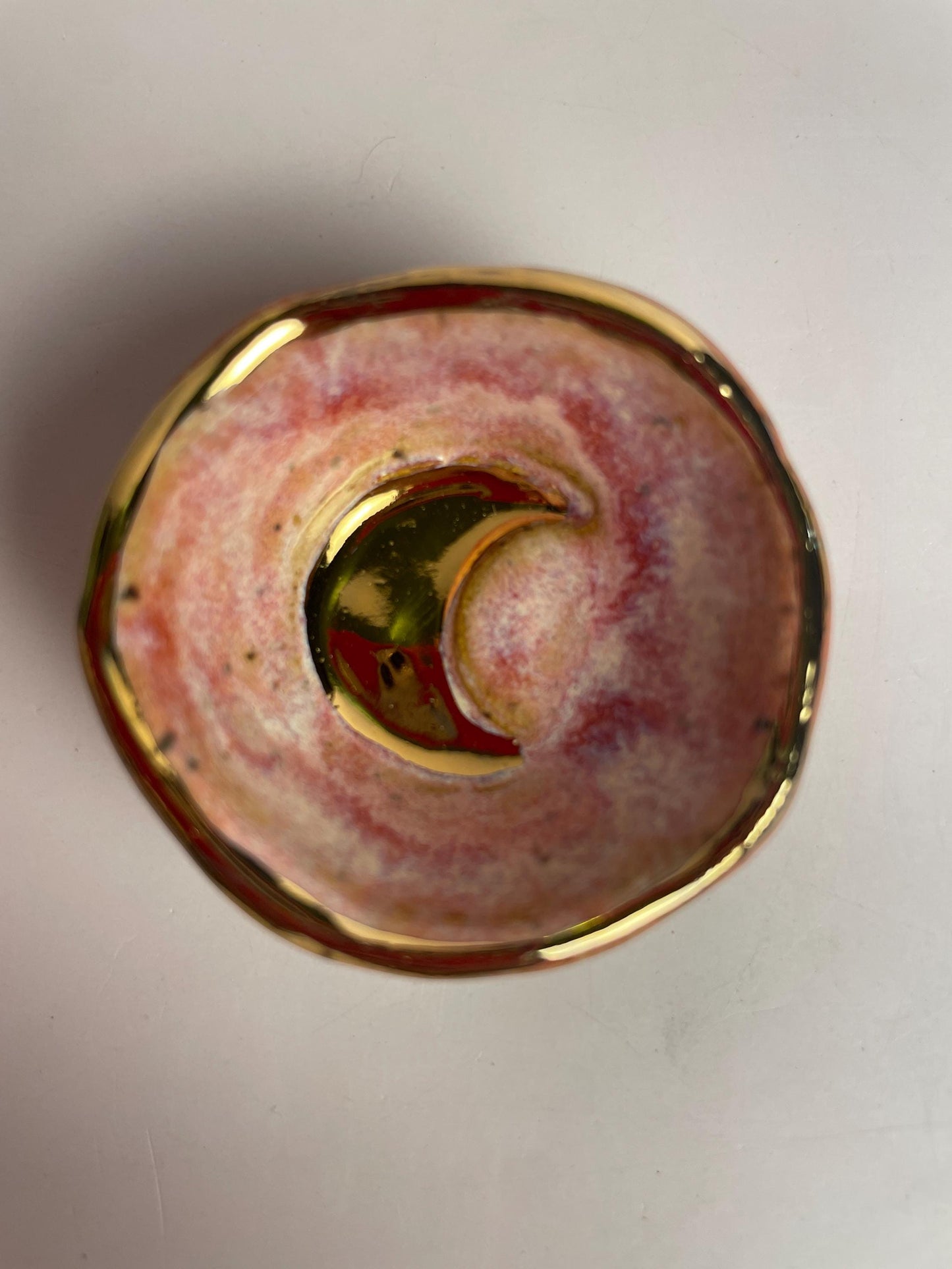 Tiny Gold Crescent Moon Dish – Hand-Formed Ceramic Bowl in Pink Glaze with Gold Luster Rim | Mini Altar or Jewelry Dish