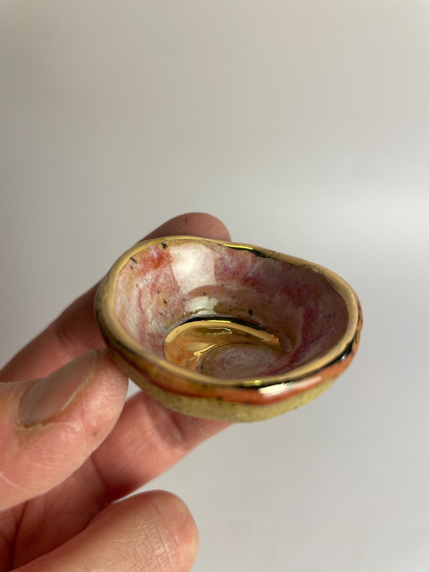 Tiny Gold Crescent Moon Dish – Hand-Formed Ceramic Bowl in Pink Glaze with Gold Luster Rim | Mini Altar or Jewelry Dish