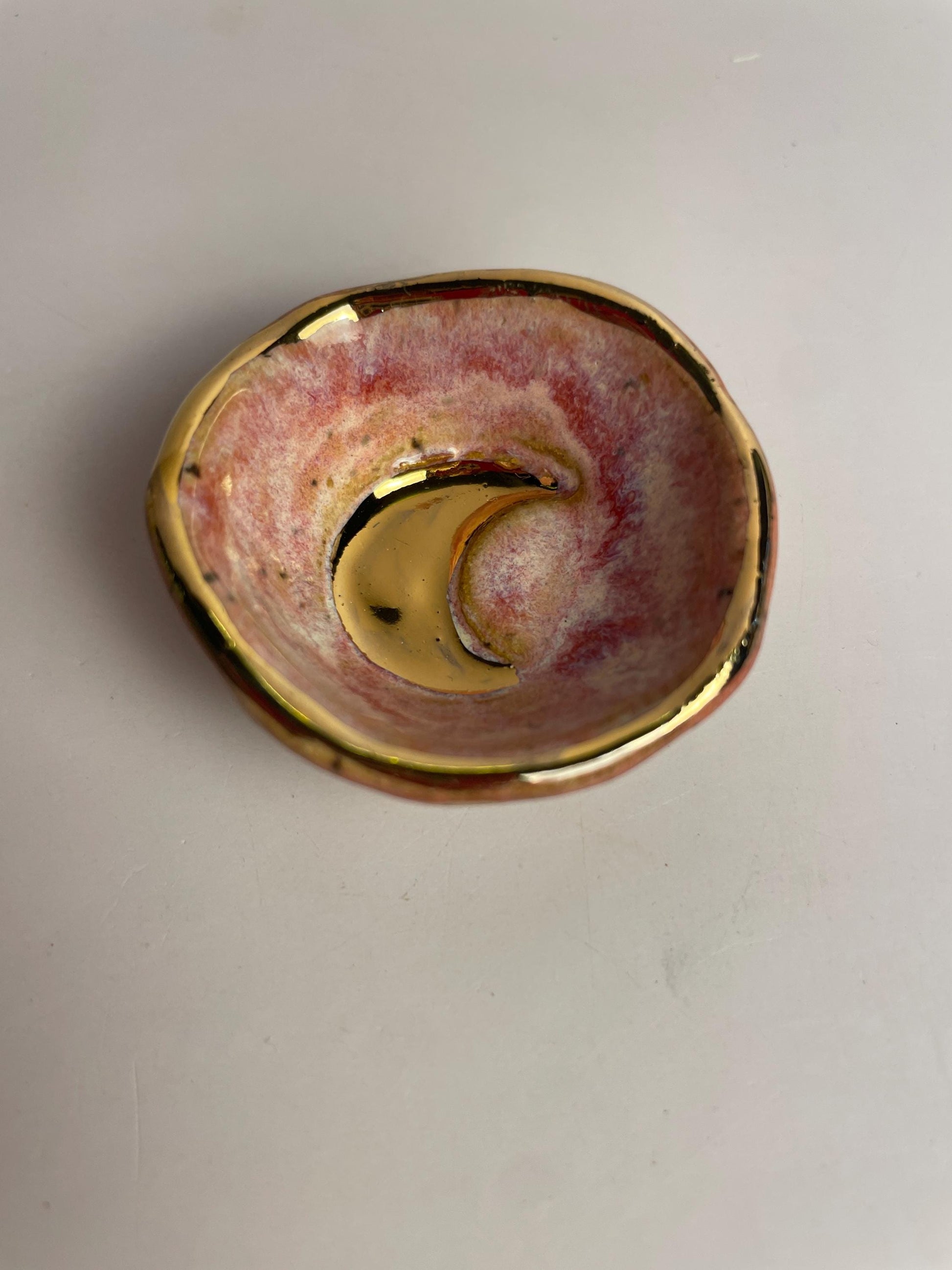 Tiny Gold Crescent Moon Dish – Hand-Formed Ceramic Bowl in Pink Glaze with Gold Luster Rim | Mini Altar or Jewelry Dish