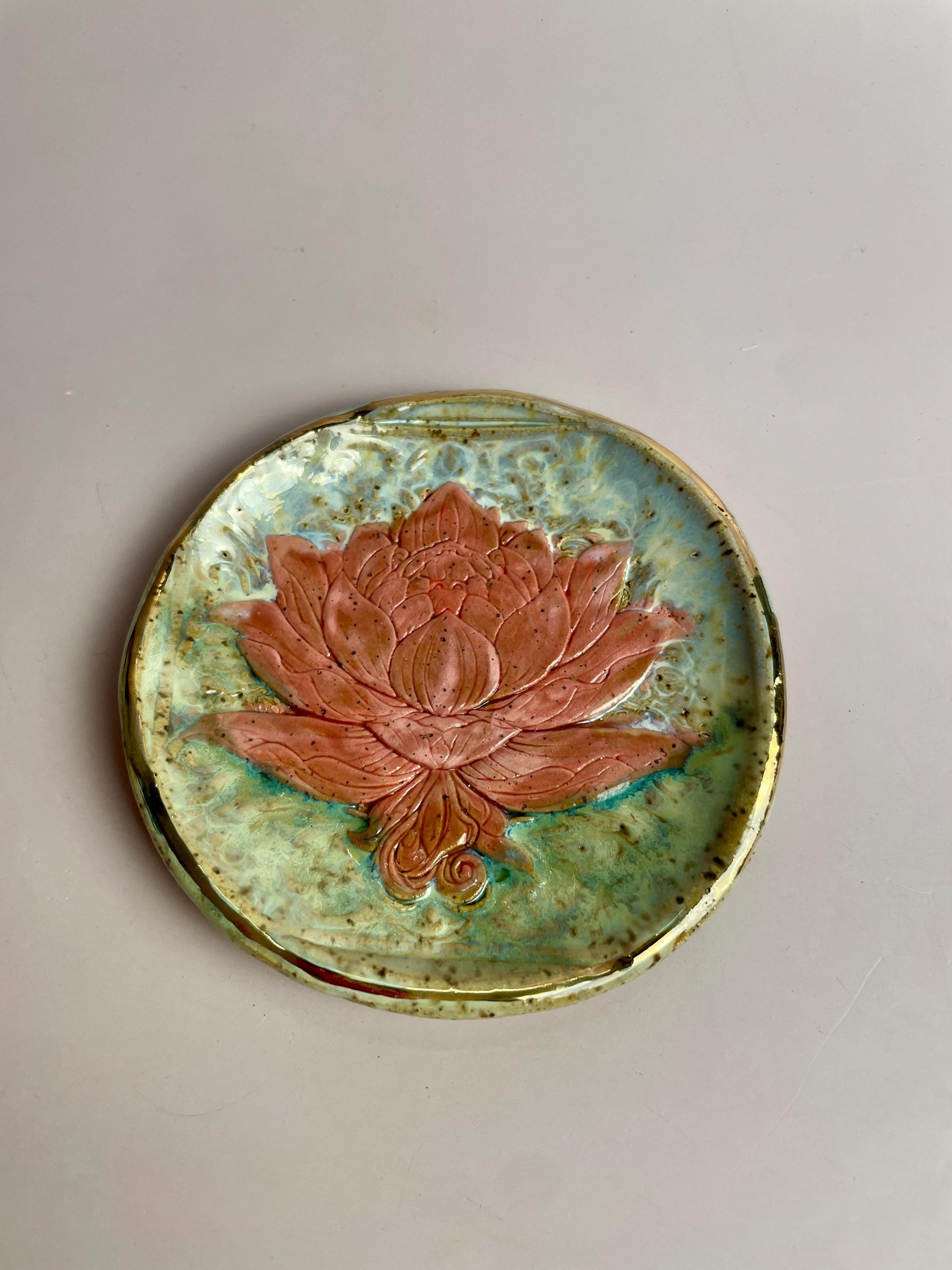 Handcrafted Lotus Trinket Dish – Pink Lotus on Aqua Green Glaze with Gold Luster Rim | 4” Ceramic Catch-All Dish