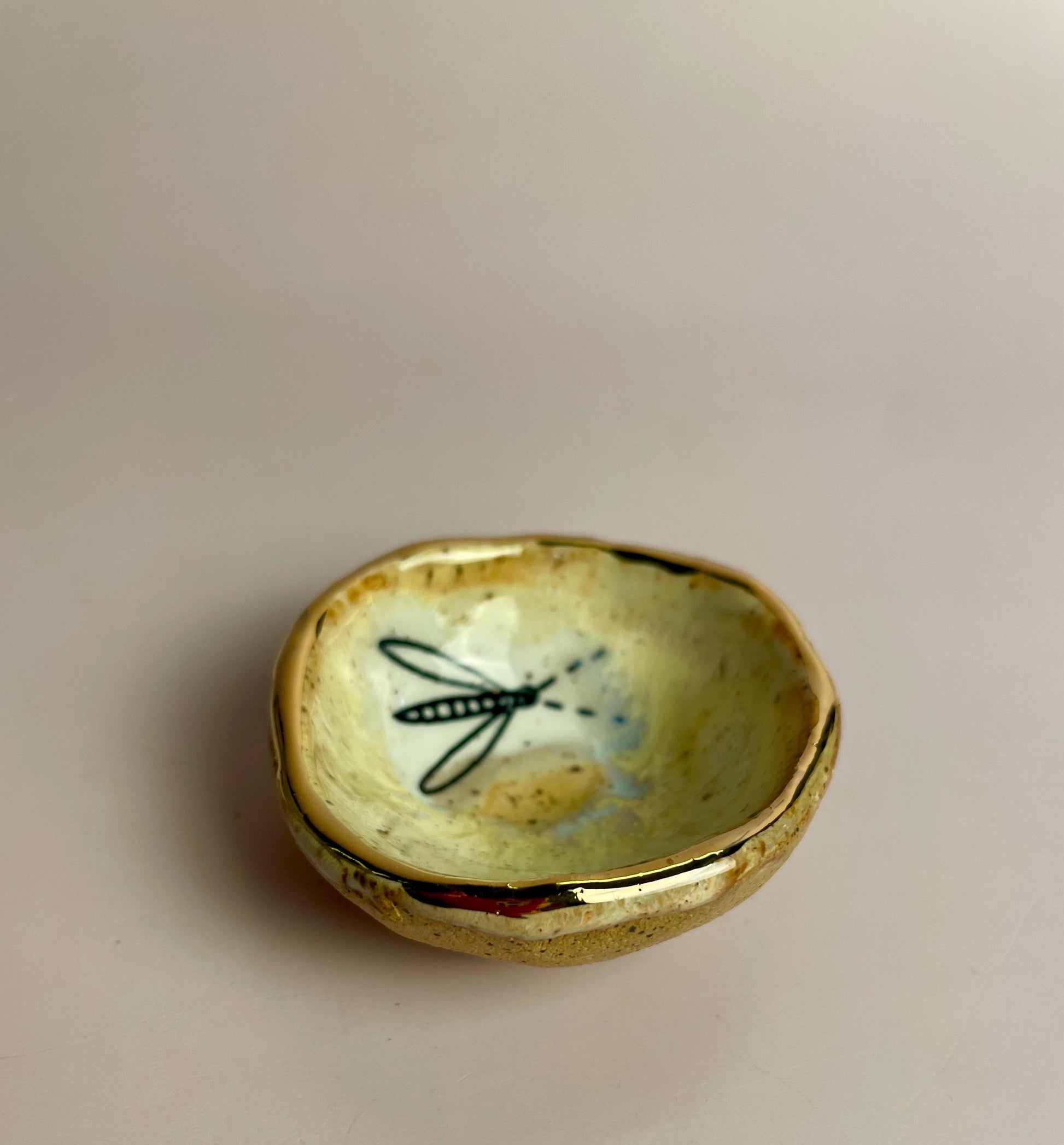 Tiny Firefly Bowl – Hand-Pinched Ceramic Dish in Golden Yellow Glaze with Gold Luster Edge | Symbol of Light and Renewal