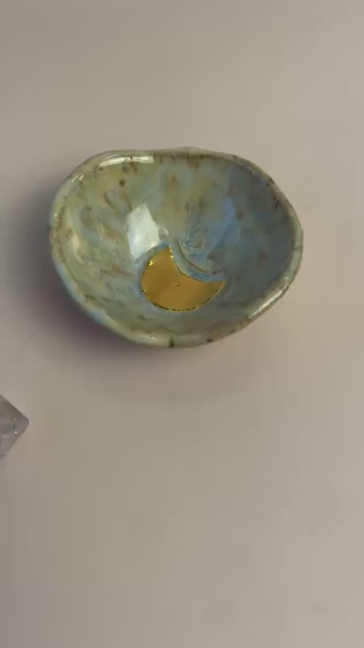 Tiny Ritual Moon Bowl – Blue Crystalline Glaze with Gold Luster Crescent Moon