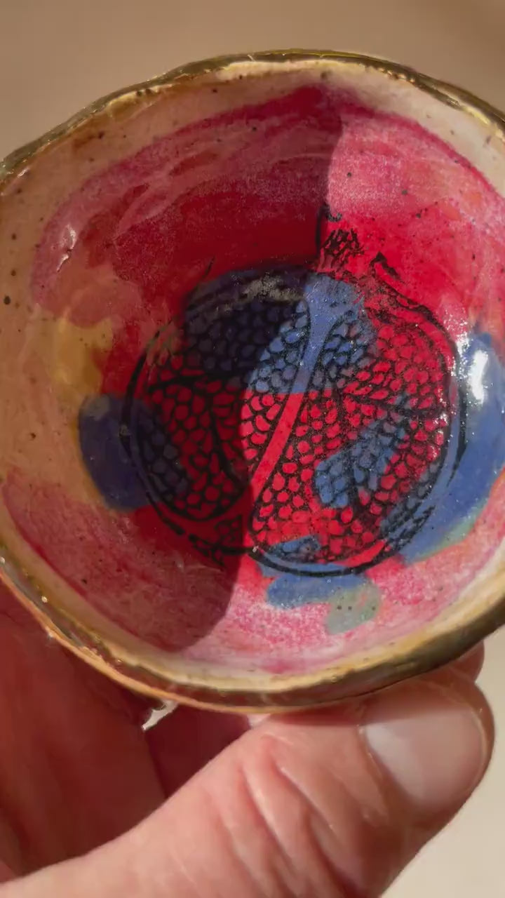 Sacred Pomegranate Offering Bowl — Hand-Pinched Honey Clay with Gold Luster Rim