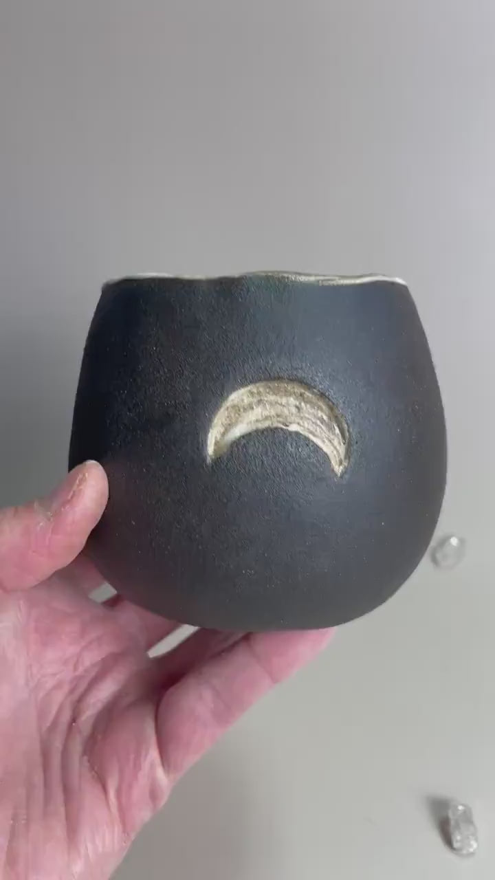 Handmade ceramic dark clay crescent moon vase