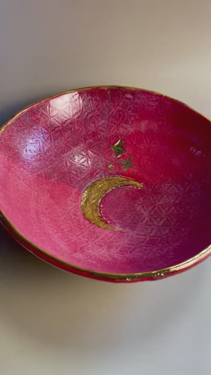 Handmade ceramic Flower of Life with Gold Moon and Stars Raspberry lavender bowl