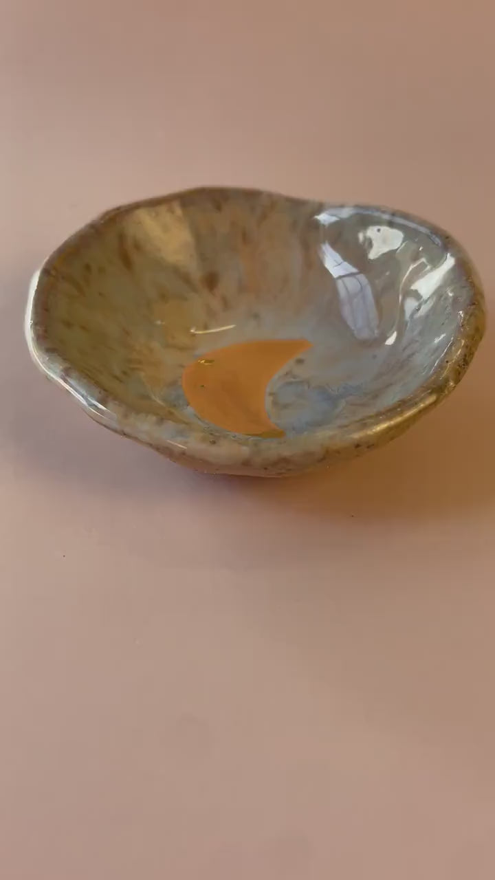 Mini Ritual Moon Bowl – Sea Glass Glaze with Gold Luster Crescent Moon
