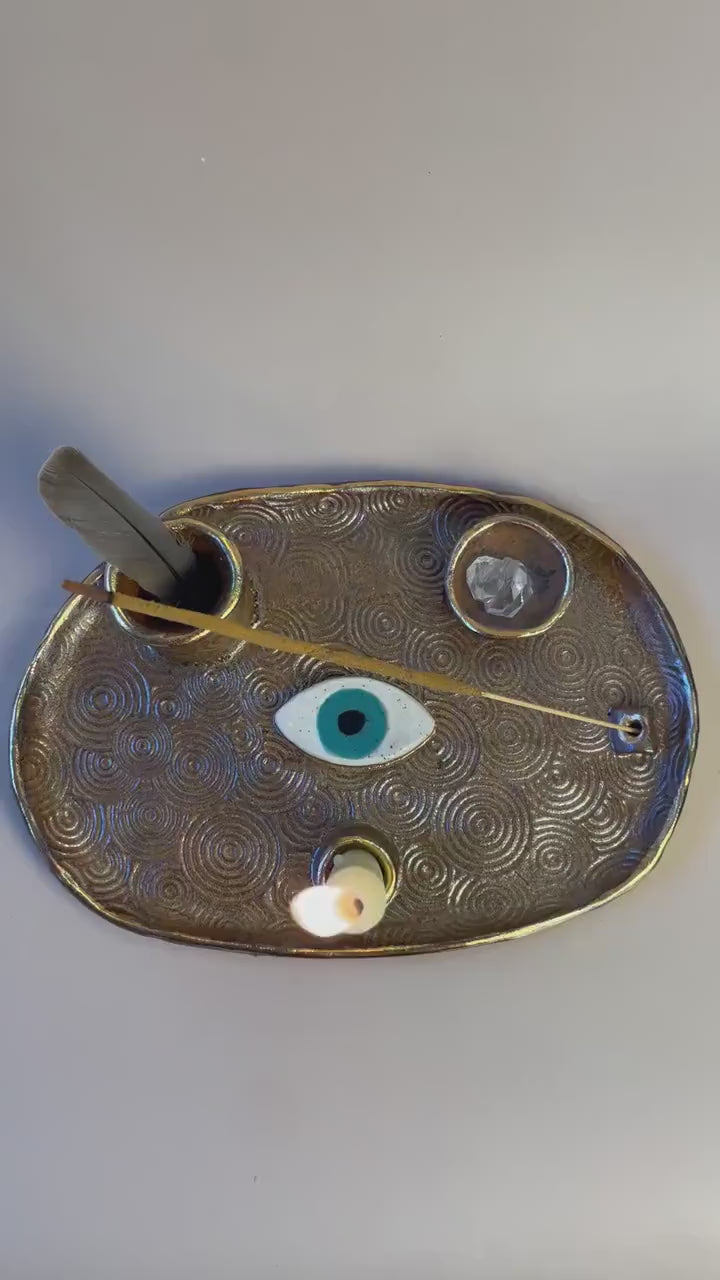 Four Element Ritual Dish with Protective Eye & Concentric Circles – Bronze + Gold Altar Tray for Elemental Balance