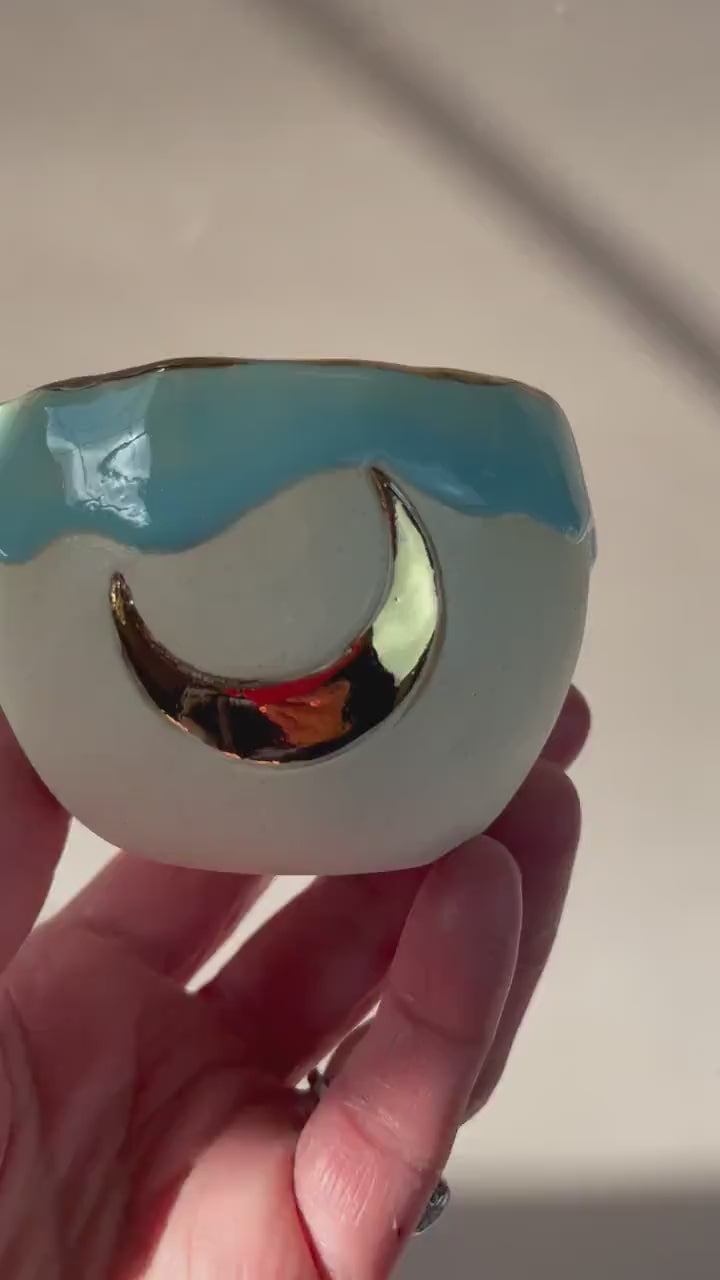 Handmade ceramic aqua gold crescent moon cup