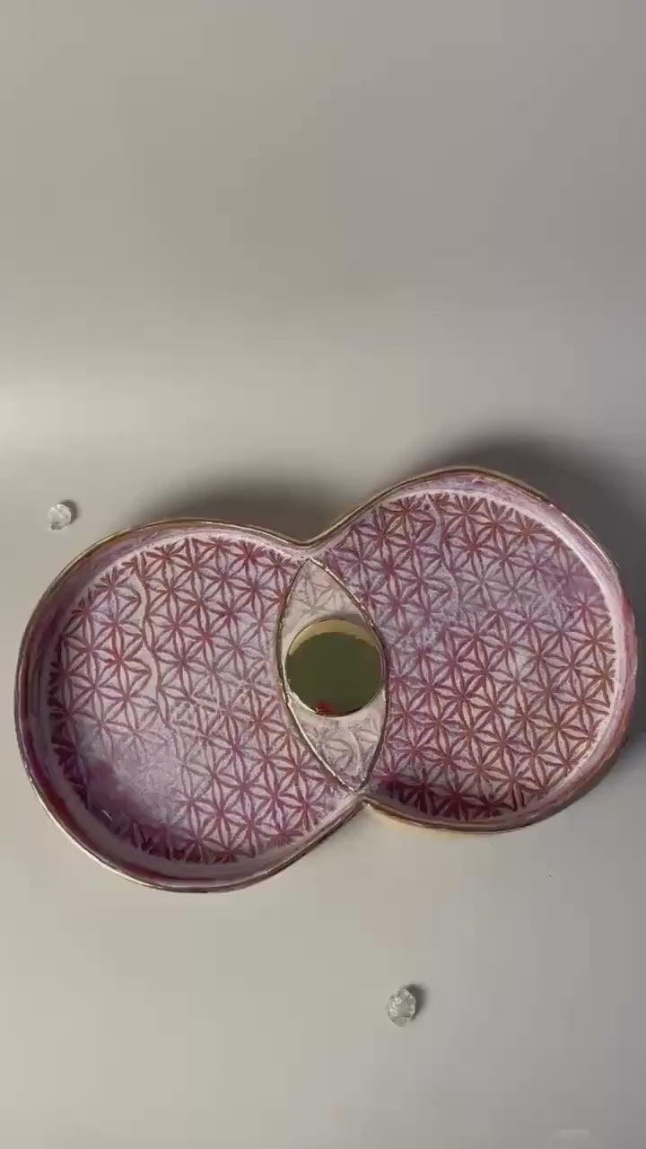 Vesica Piscis Handmade Ceramic Ritual Dish with Flower of Life Imprint – Gold with Lavender and Raspberry