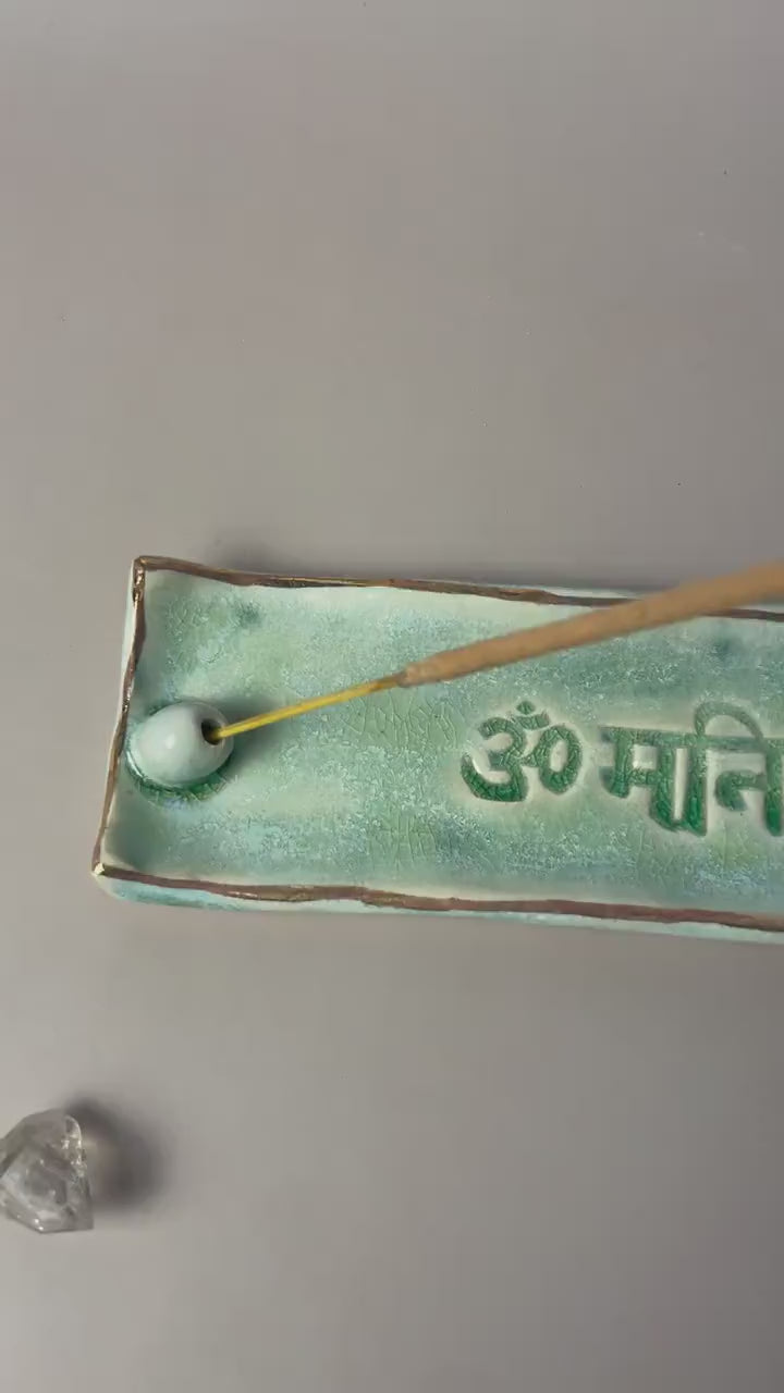 Handmade Om Mani Padme Hum green Ceramic Incense Holder