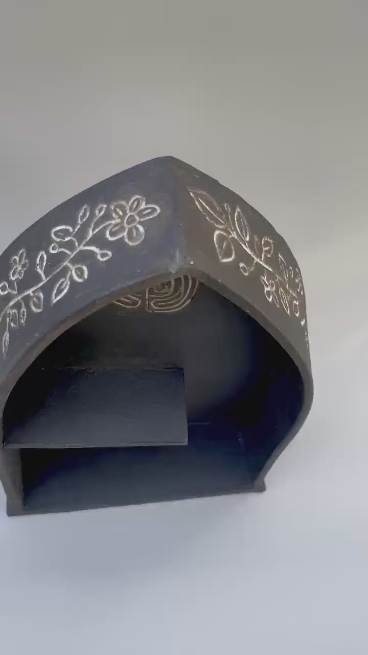 Handmade ceramic Labyrinth and moon phase dark altar shelf with Avalon inspired carvings