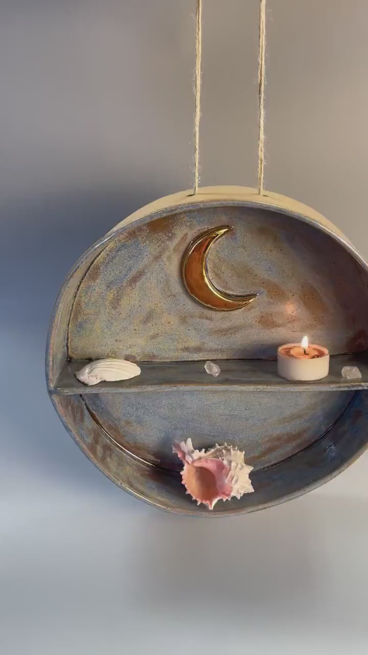 Round ceramic hanging gold crescent moon shelf