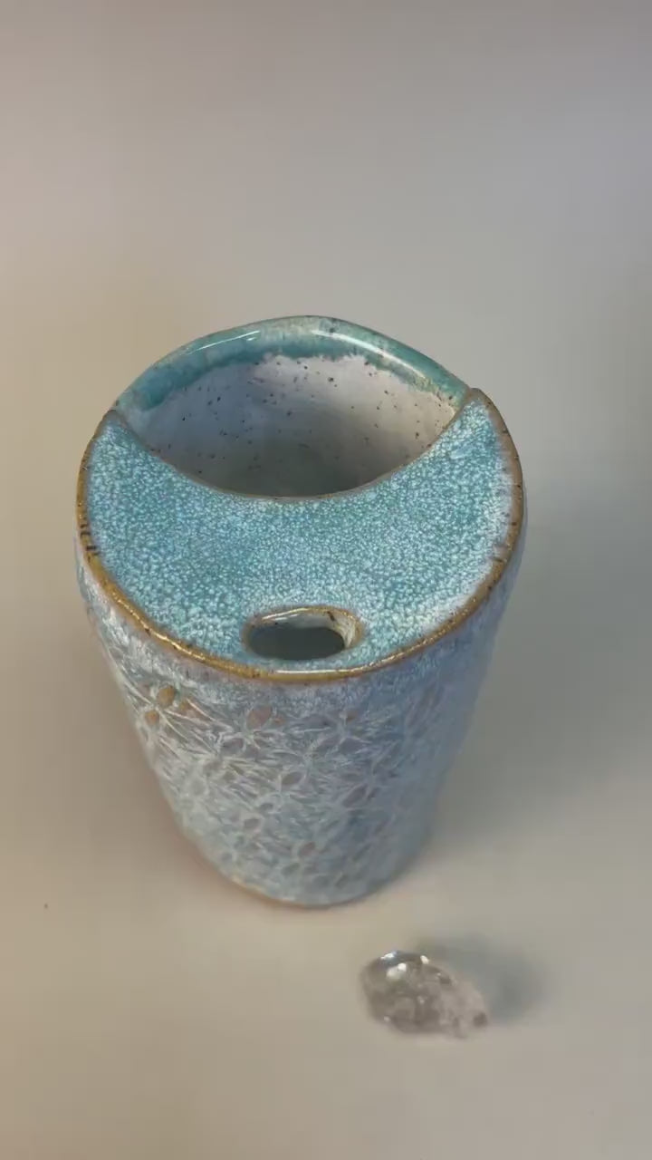 Handmade Ceramic To-Go Coffee/Tea Cup with Flower of Life in Aqua Blue