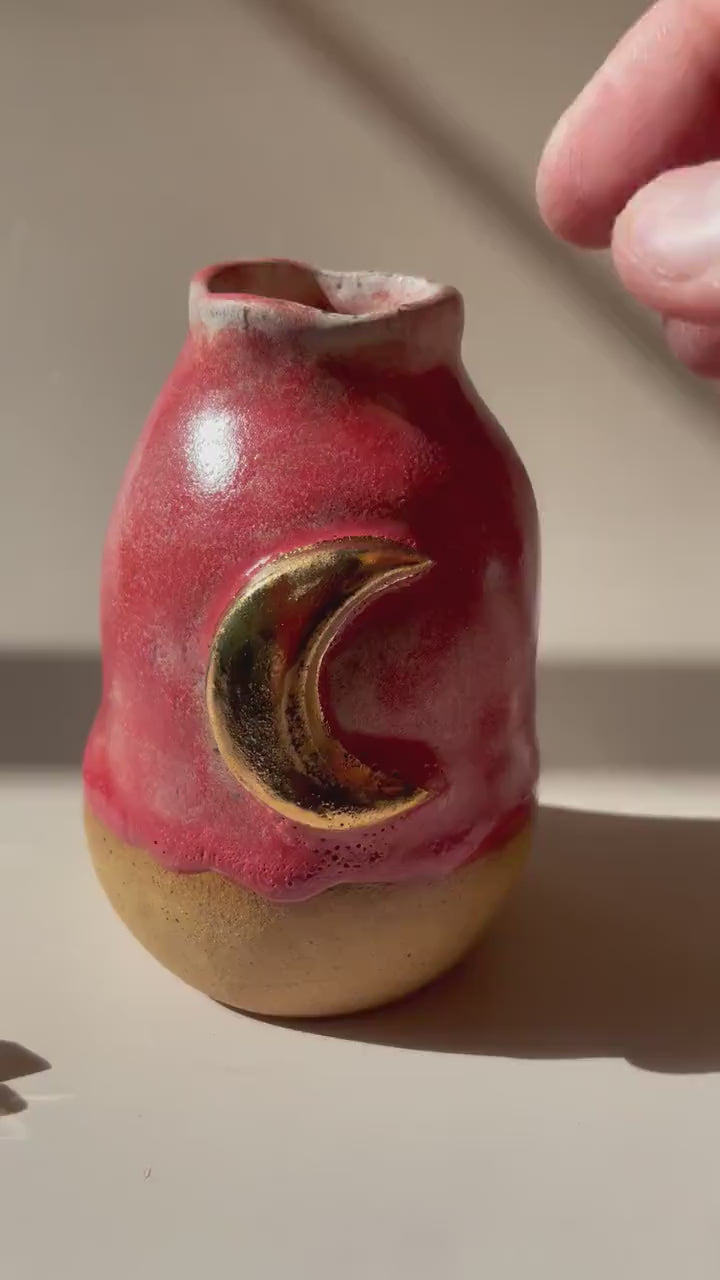 Crescent Moon Vase — Handbuilt Honey Clay Vessel with Pink Glaze and Gold Luster Moon