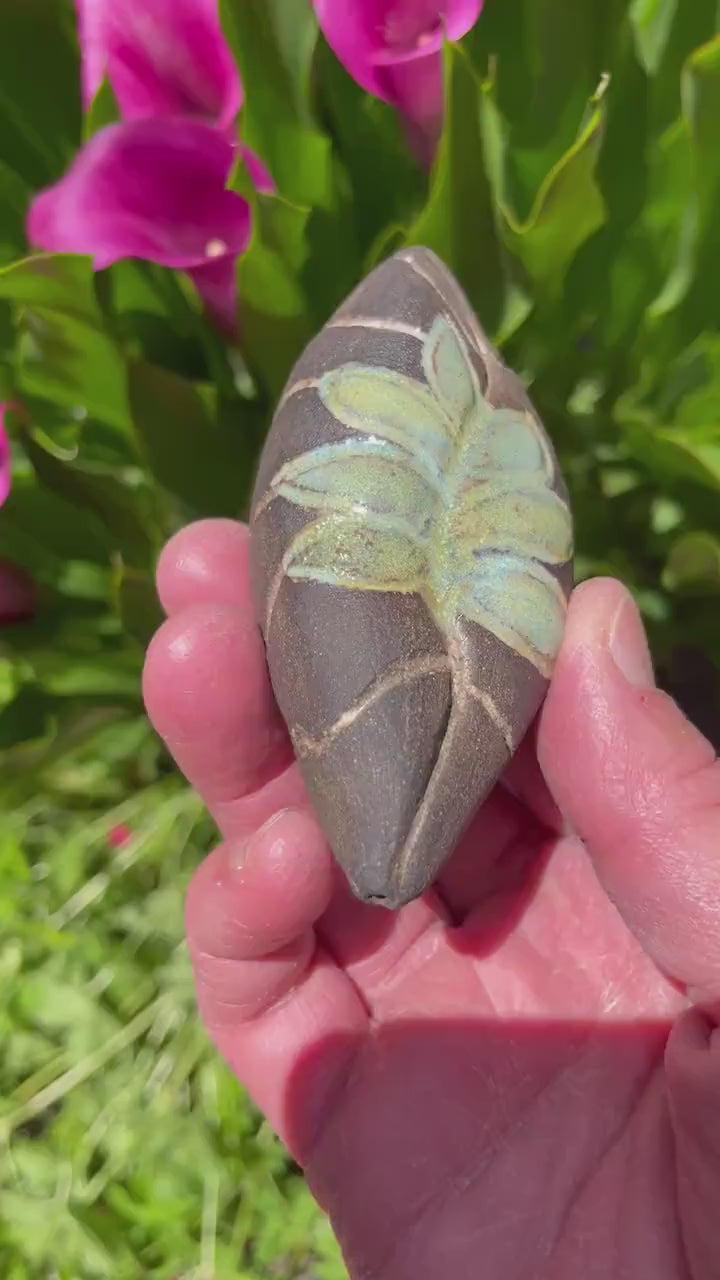 Handmade ceramic carved clay leaf rattle
