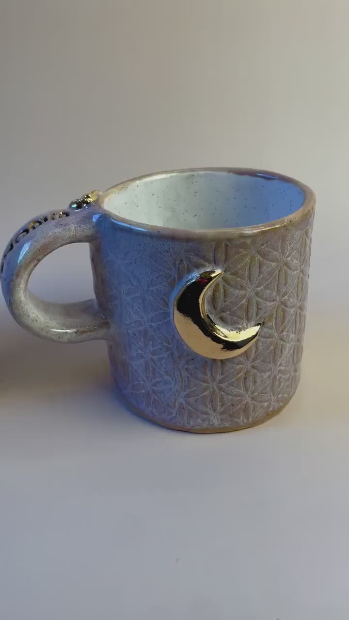 Sacred Flower of Life Lavender Mug with Gold Moon and Bee