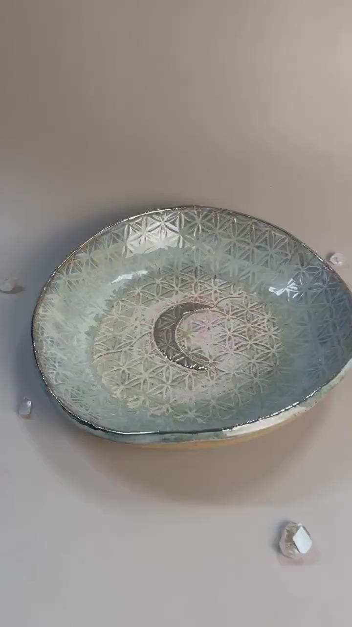 Handmade ceramic blush/aqua/gray  flower of life silver crescent moon dish