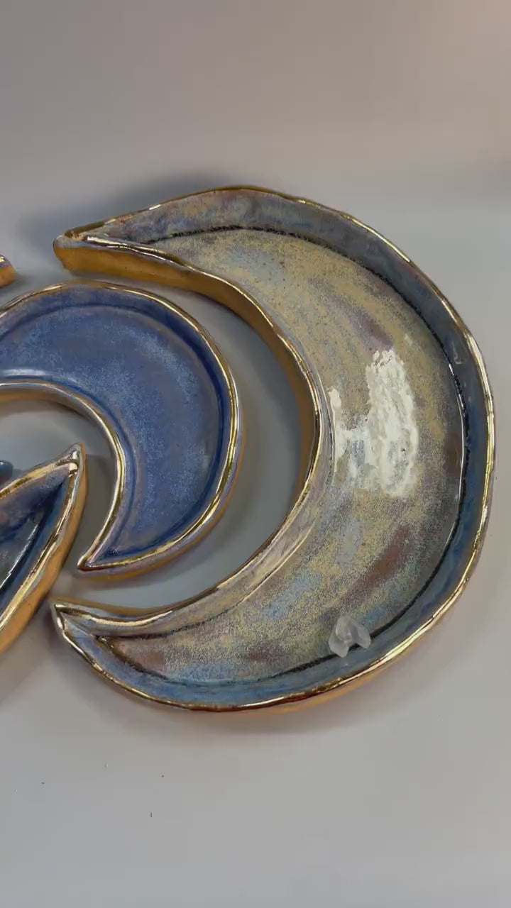 Handmade ceramic small blue and gold crescent moon dish