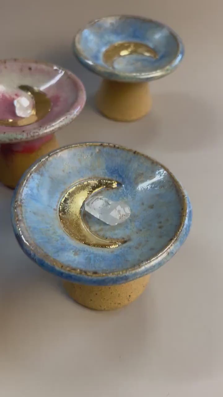 Handmade ceramic mini pedestal gold moon dish