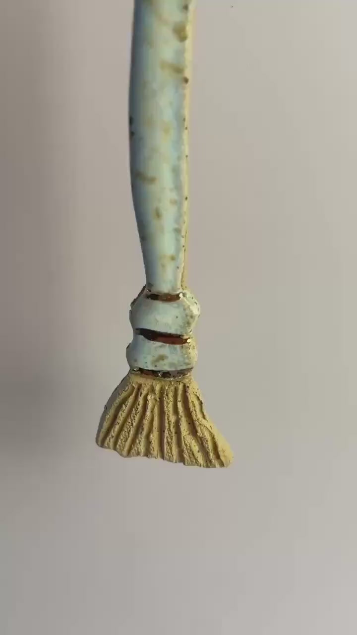 Ceramic Broom Ornament – Handcrafted Honey Clay Besom with Gold Luster | Light Blue & Opal Glaze | Hearth and Home Protection Charm