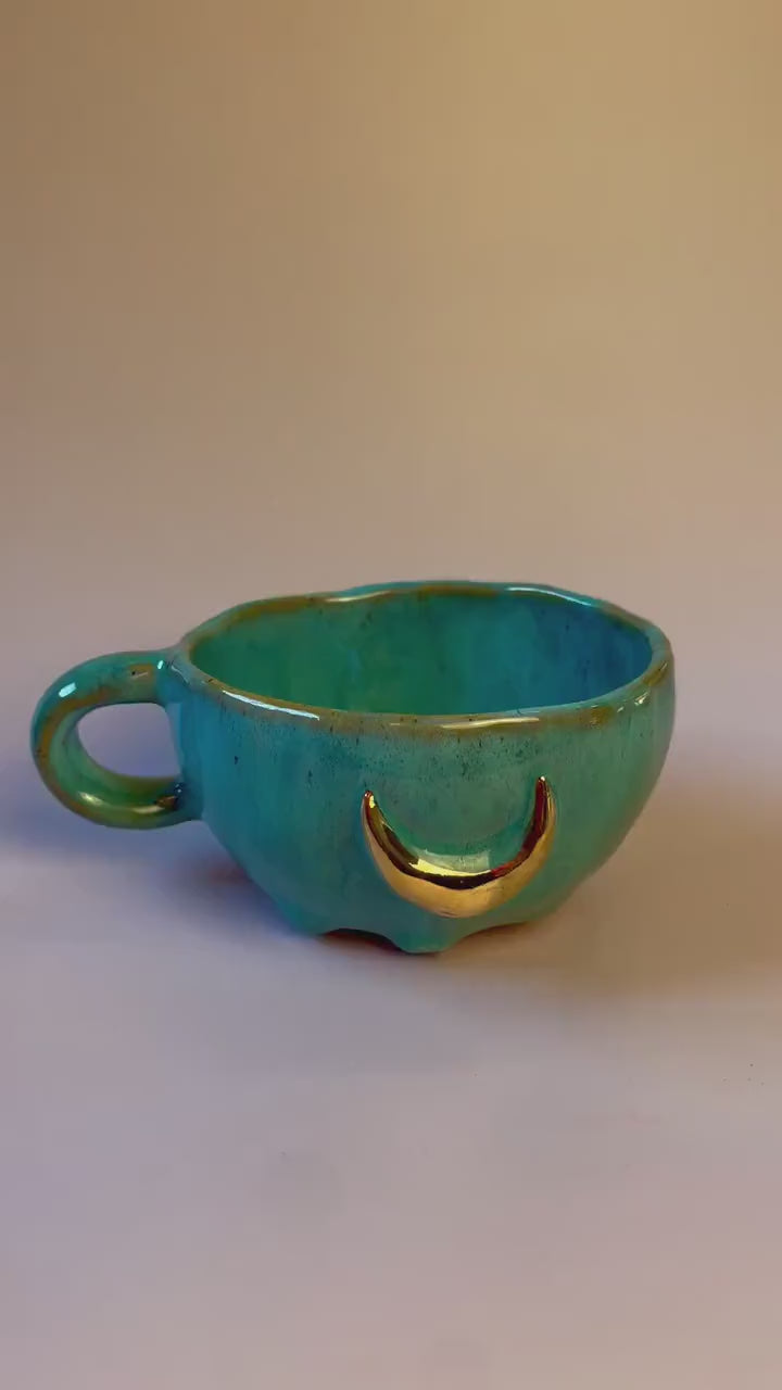 Turquoise gold crescent moon handmade ceramic mug or bowl