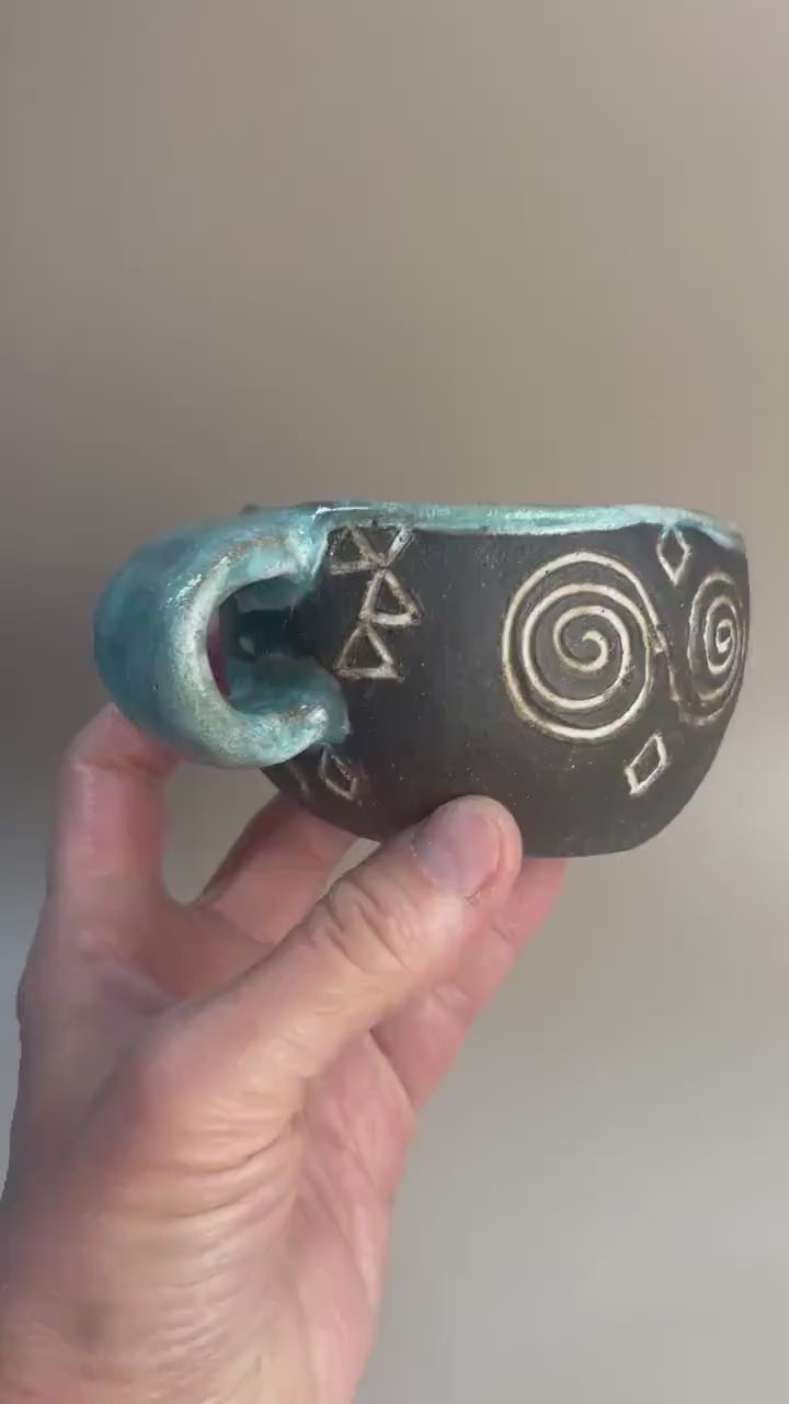 Handmade ceramic Newgrange inspired carved mug