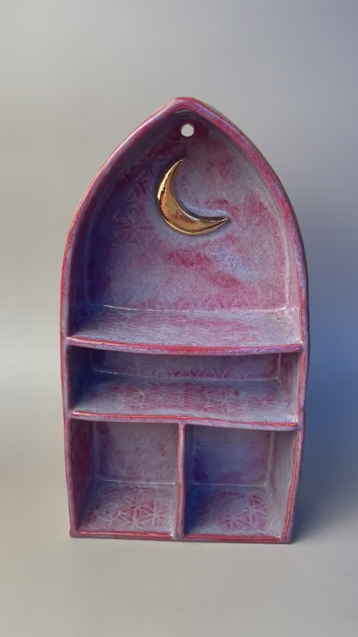 Handmade Ceramic Pink Altar Shelf with Flower of Life & Gold Crescent Moon
