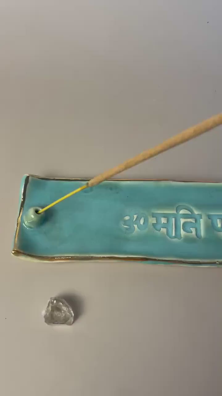 Handmade ceramic Om Mani Padme Hum green turquoise with gold Incense Holder