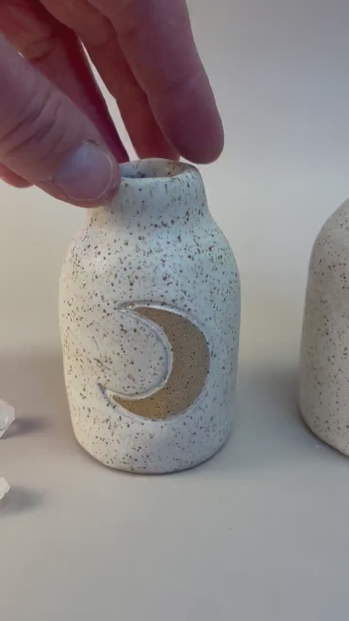 Handmade ceramic oatmeal crescent moon bottle