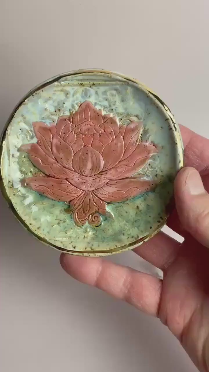 Handcrafted Lotus Trinket Dish – Pink Lotus on Aqua Green Glaze with Gold Luster Rim | 4” Ceramic Catch-All Dish