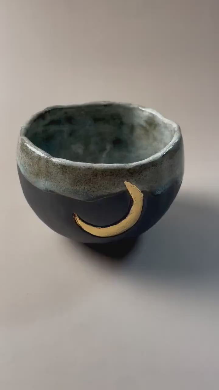 Handmade ceramic dark clay aqua gray gold crescent moon cup