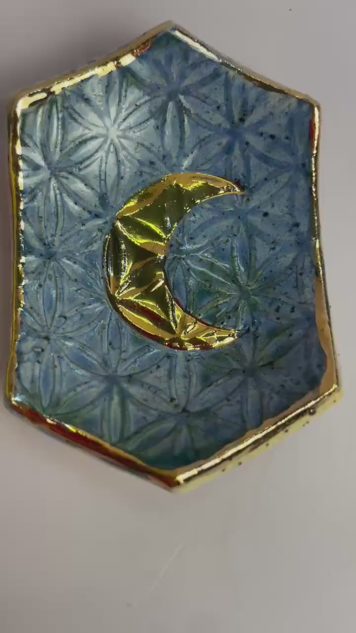 Hexagon Ring Dish with Gold Crescent Moon – Flower of Life Sacred Geometry – Turquoise, Indigo, or Lemon Yellow