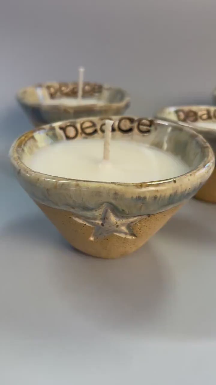 Handmade ceramic PEACE candles with star
