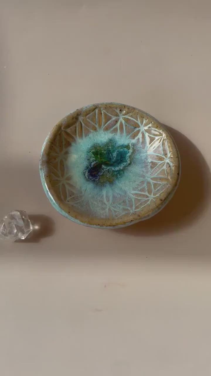 Flower of Life Ring Dish — Honey Clay with Aqua Glaze and Fused Glass Center