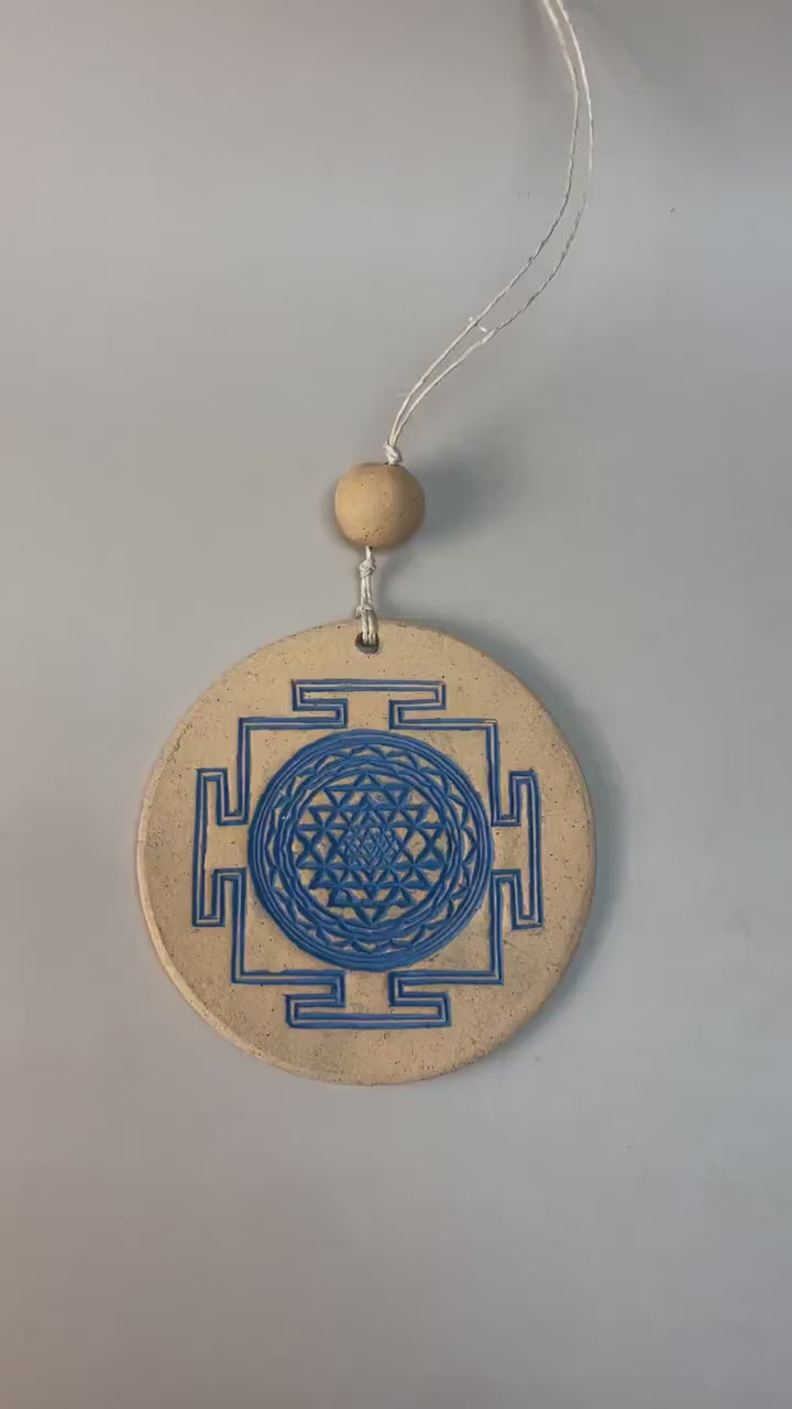 Sri Yantra indigo ceramic wall hanging